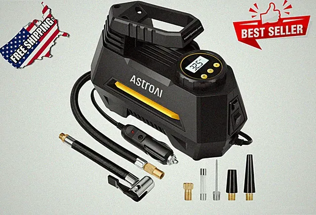 AstroAI 12V DC Portable Air Compressor Pump with Digital Pressure Gauge, Yellow