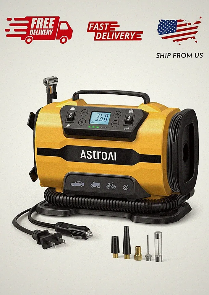 AstroAI Tire Inflator Portable Air Compressor Pump 150PSI 12V DC/110V AC with Du