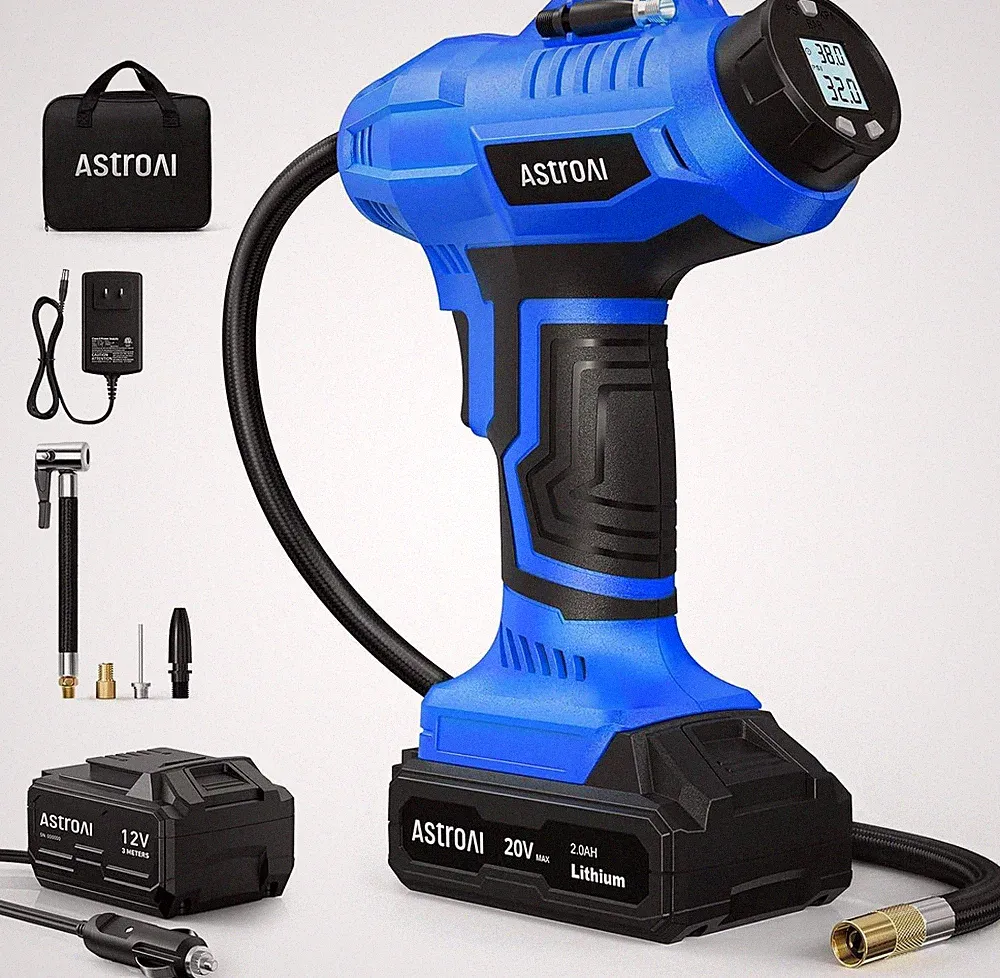 BLUE AstroAI Cordless Tire Inflator Air Compressor 20V Rechargeable Portable